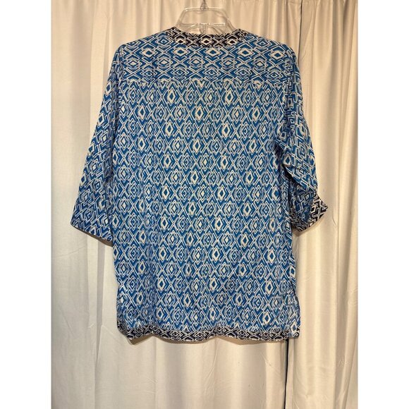 Foxcroft Womens Wrinkle-Free Shaped Fit Blue & White Geometric Pattern 3/4 Sleev - Picture 5 of 6